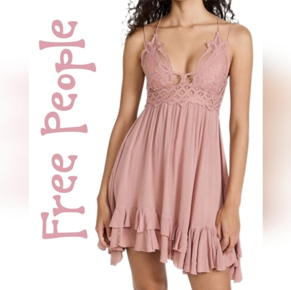 Free People Intimately Womens Adella V-Neck Slip Dress Sz XS Rose Lace & Ruffles - Picture 1 of 16
